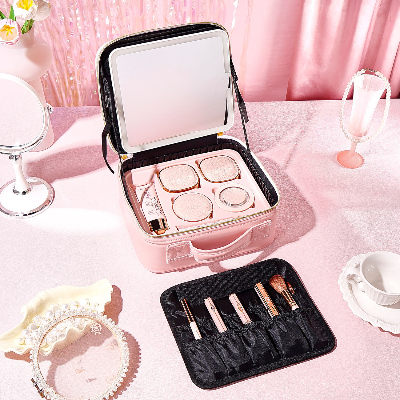 All-in-One Makeup Case with Mirror – Large Capacity Travel Cosmetic Organizer Bag