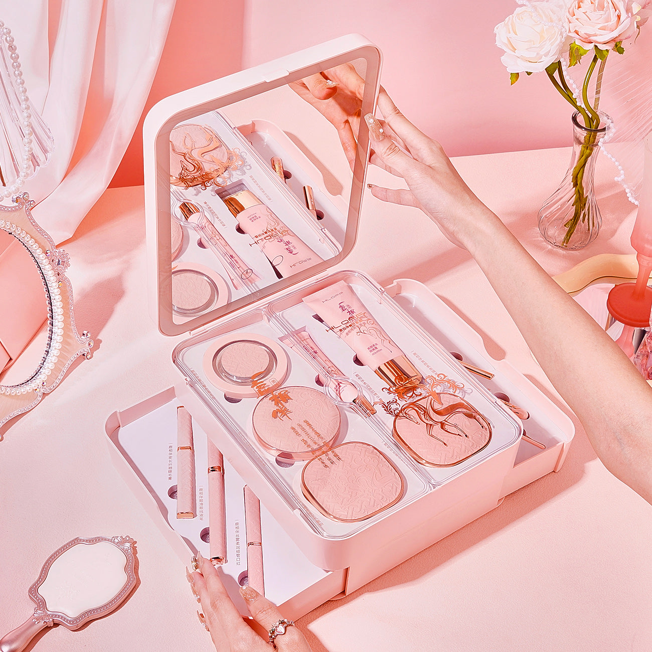 All-in-One Makeup Organizer with LED Mirror – Portable Cosmetic Storage Case for Travel