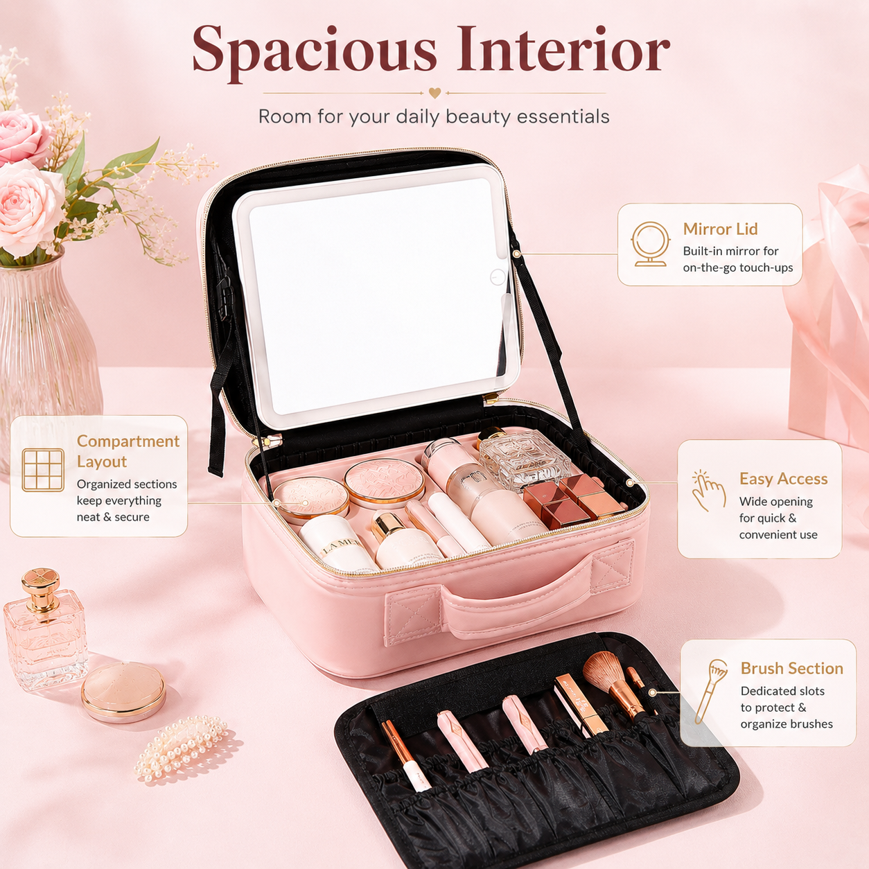 Organized makeup case compartments