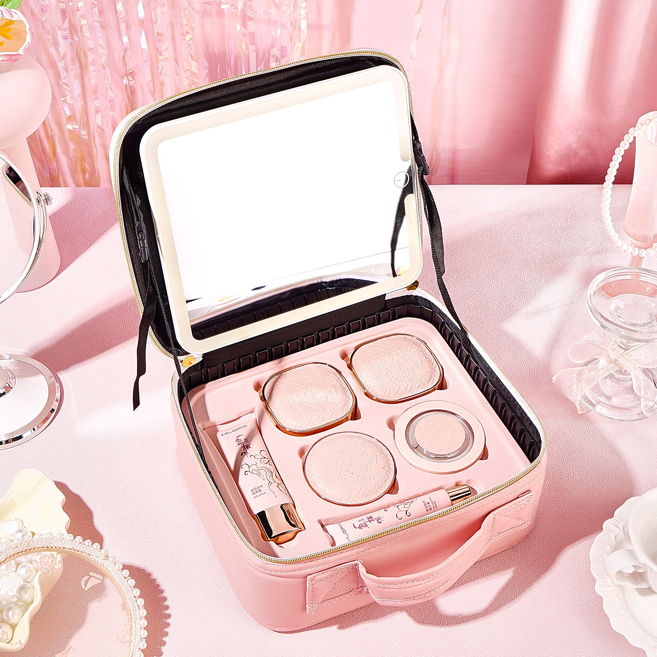 All-in-One Makeup Case with Mirror – Large Capacity Travel Cosmetic Organizer Bag