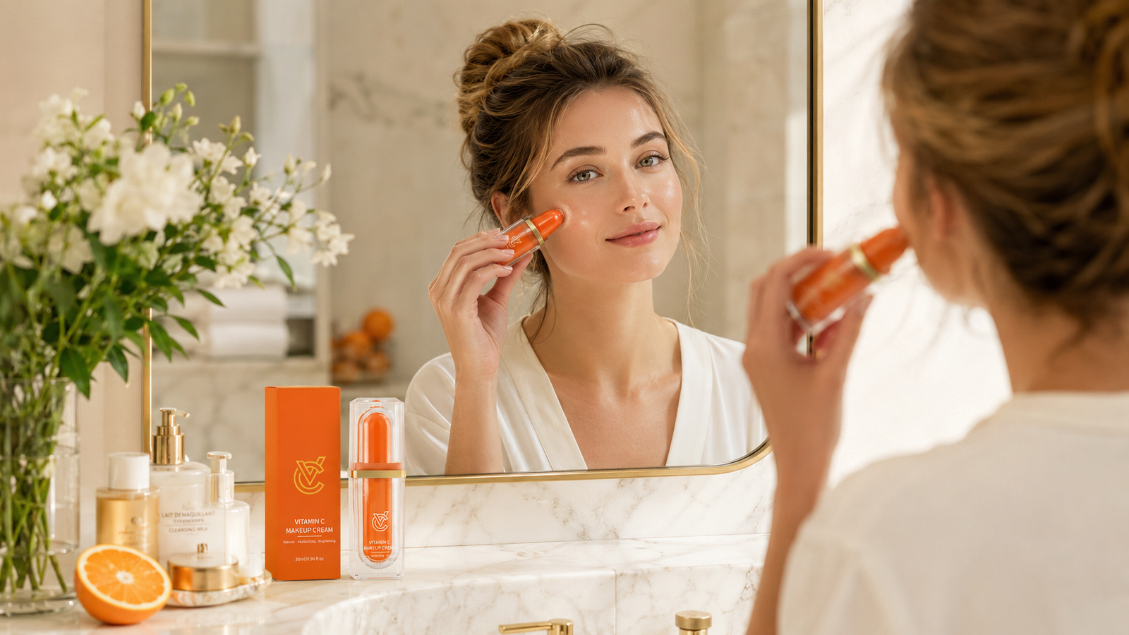 Model applying Vitamin C Makeup Cream