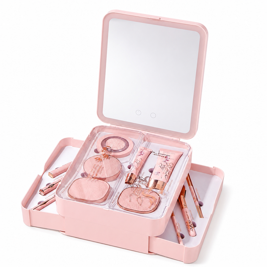 All-in-One Makeup Organizer with LED Mirror – Portable Cosmetic Storage Case for Travel