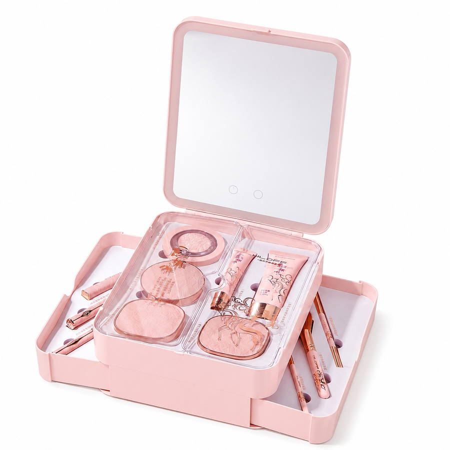 All-in-One Makeup Organizer with LED Mirror – Portable Cosmetic Storage Case for Travel
