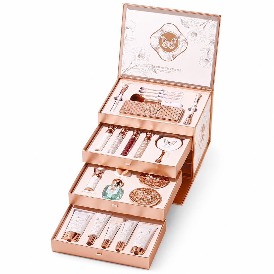 Elegant Makeup Gift Box for Her – Butterfly Beauty Set with Eyeshadow, Lipstick, Blush & Makeup Accessories
