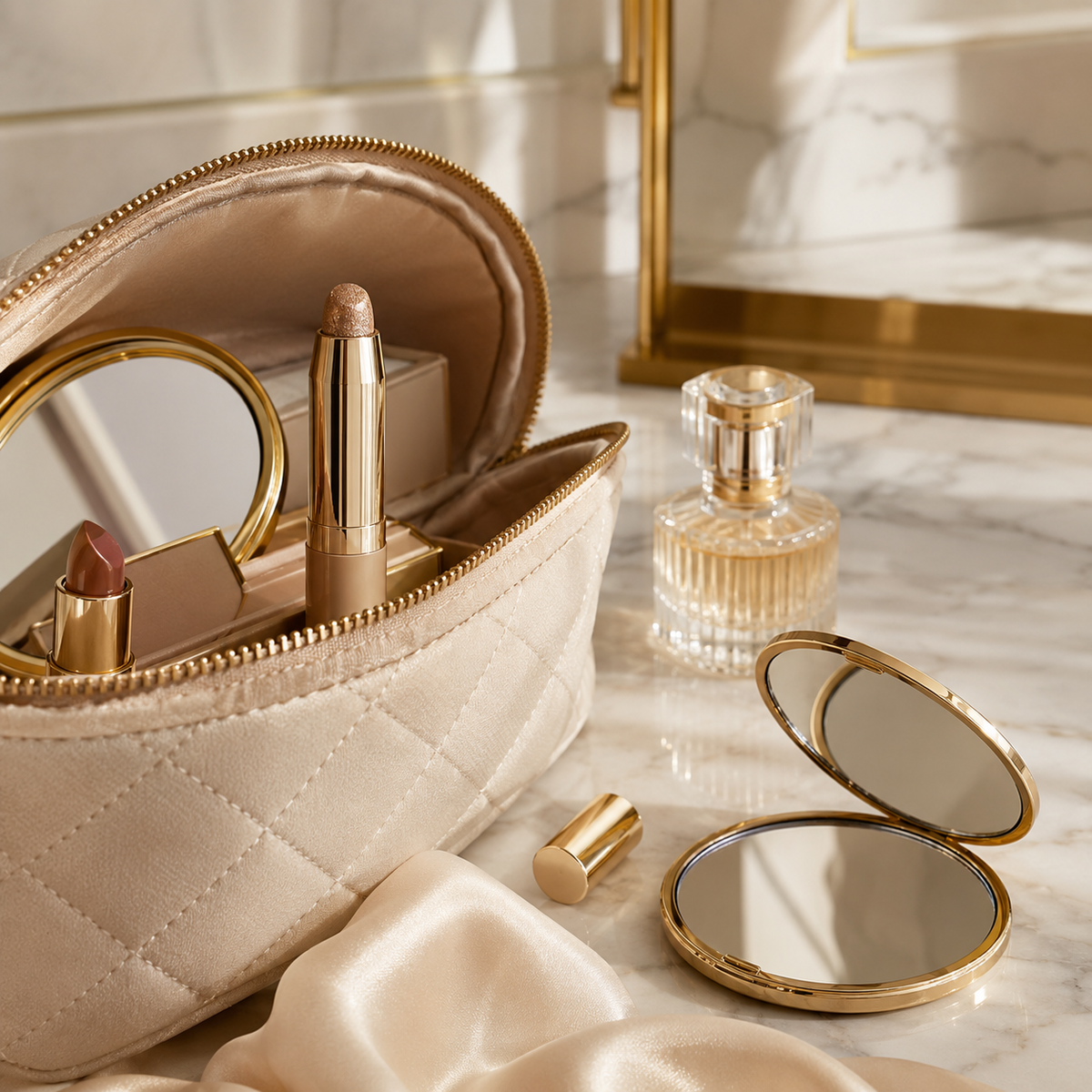 Eyeshadow stick inside a beige makeup bag with mirror and lipstick