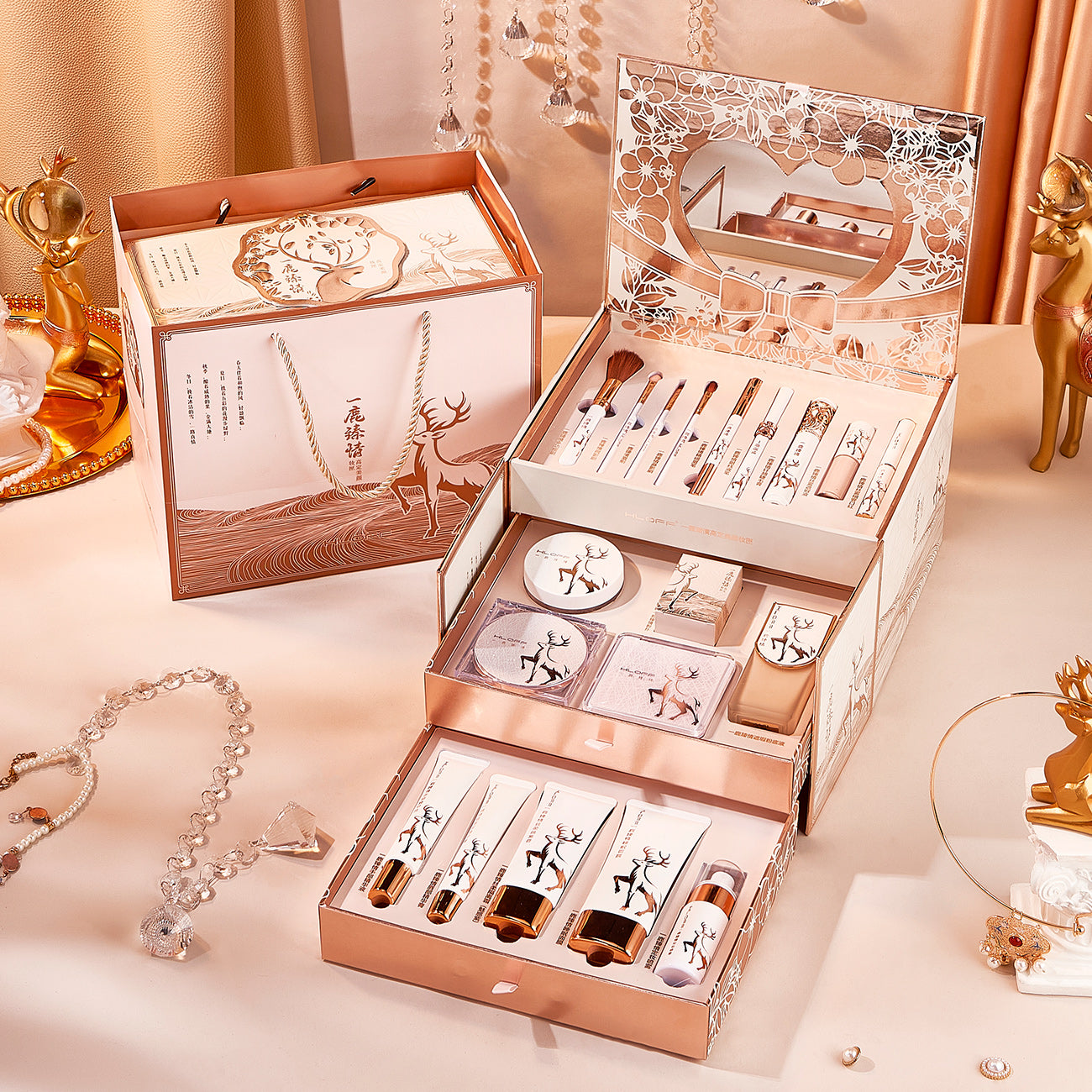 Deer-inspired rose-gold makeup gift set with mirror