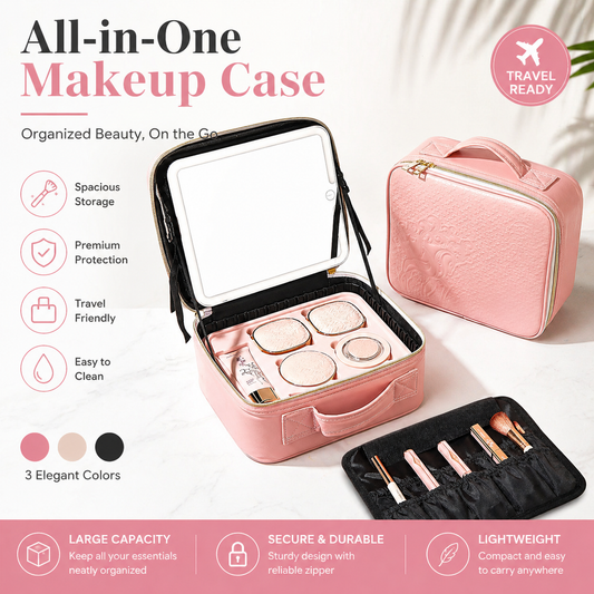 All-in-One Makeup Case with Mirror – Large Capacity Travel Cosmetic Organizer Bag