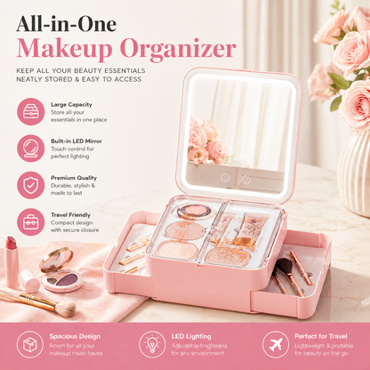 All-in-One Makeup Organizer with LED Mirror – Portable Cosmetic Storage Case for Travel