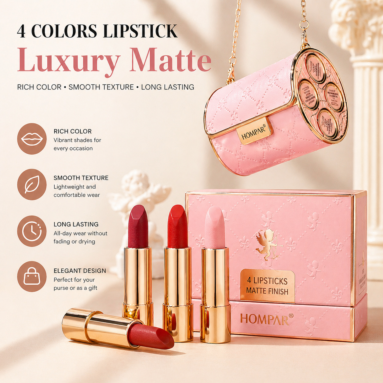 4-Piece Matte Lipstick Set – Long Lasting, Smooth Texture, Luxury Gift Box for Women
