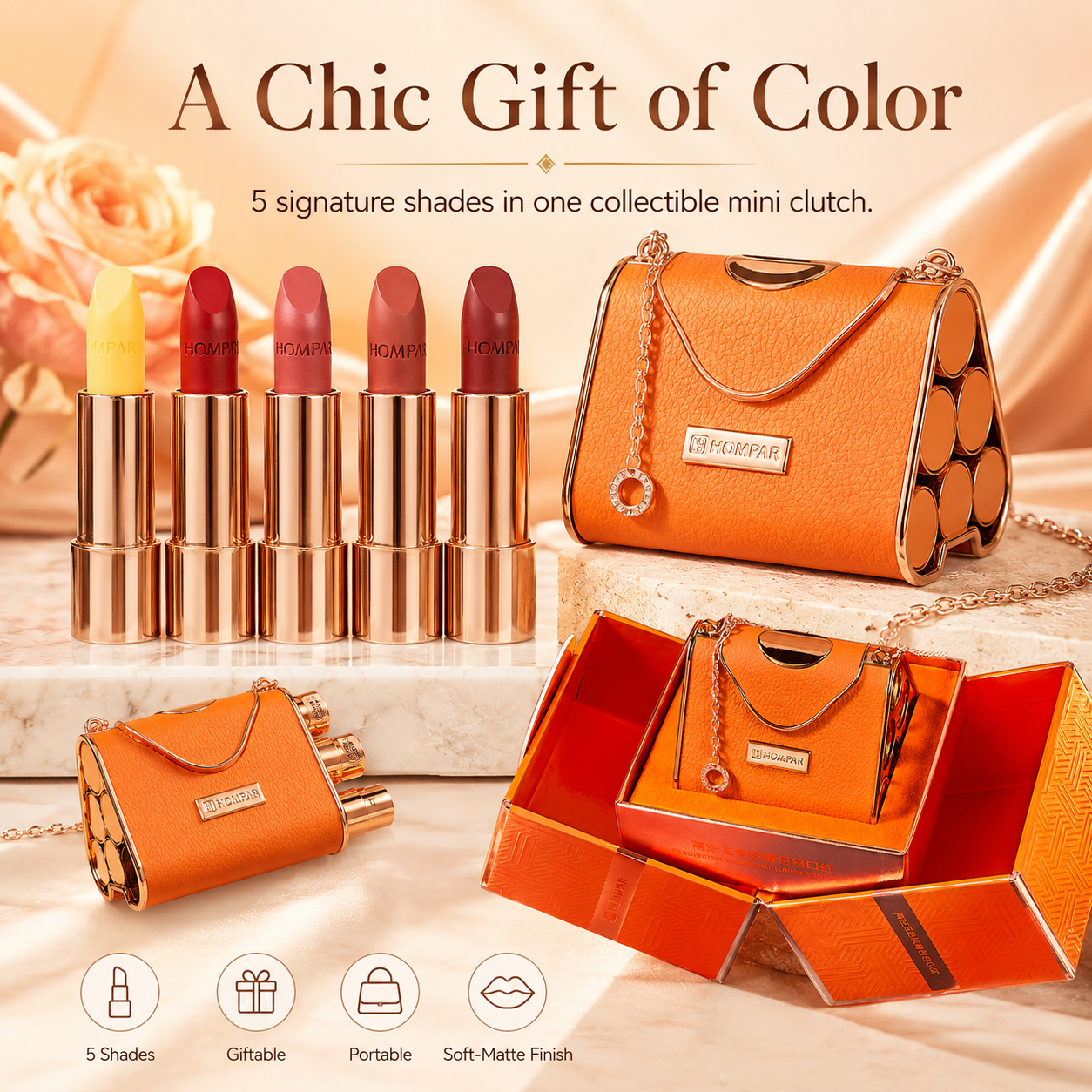 Elegant mini bag with five lipsticks