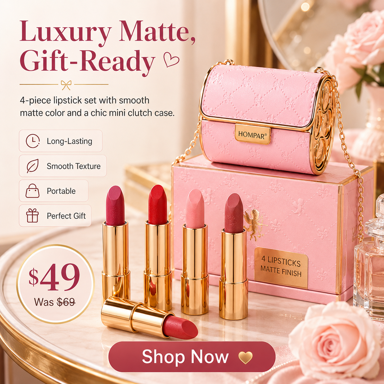 4-piece matte lipstick gift set on ivory marble