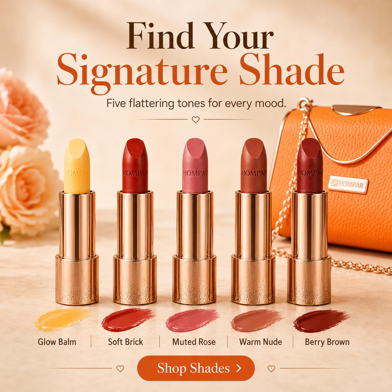 Creamy lipstick texture and rose-gold lipstick tubes