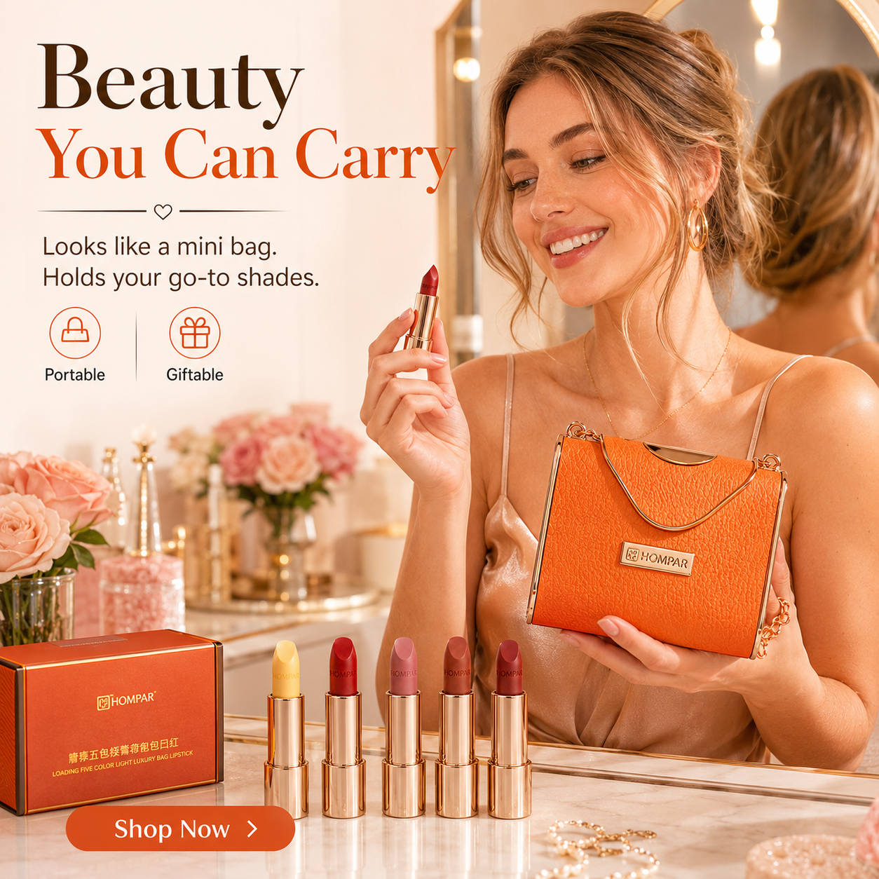 5-piece lipstick gift set with elegant mini bag on ivory marble