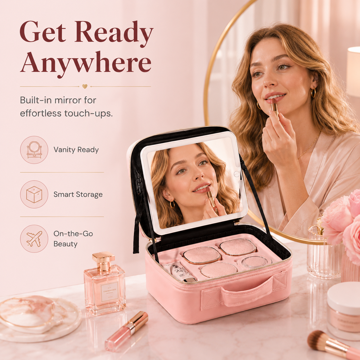 Built-in mirror inside makeup case
