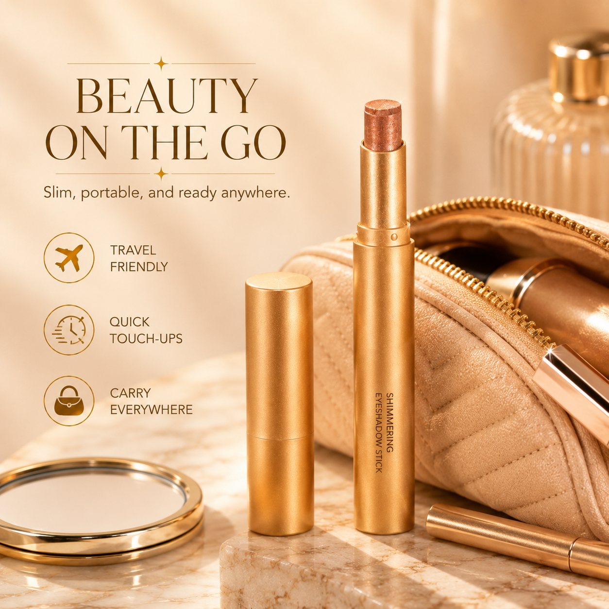 Champagne gold shimmering eyeshadow stick on ivory marble vanity
