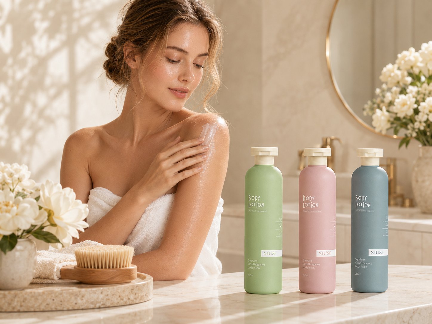 Squalane perfumed body lotion on ivory marble vanity
