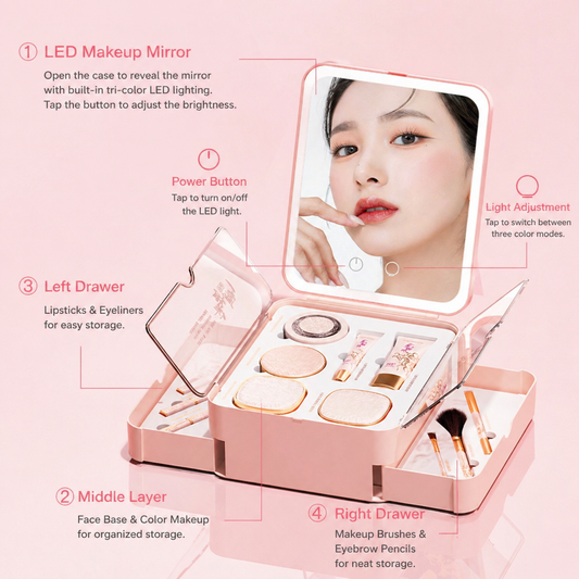All-in-One Makeup Organizer with LED Mirror – Portable Cosmetic Storage Case for Travel